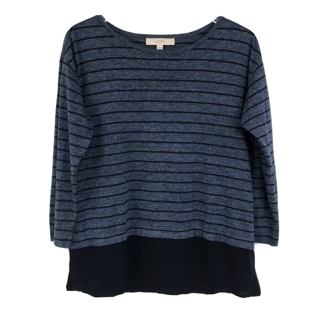 Ann Taylor Loft Blue & Black Stripe Layered Mixed Media Blouse Top Size XS